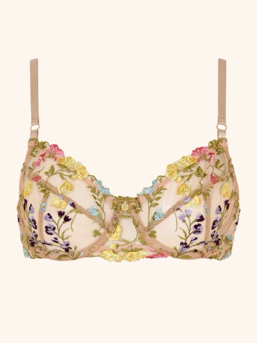Gooseberry Intimates Wildflower Sheer Embroidered Floral Balconette Bra in Nude